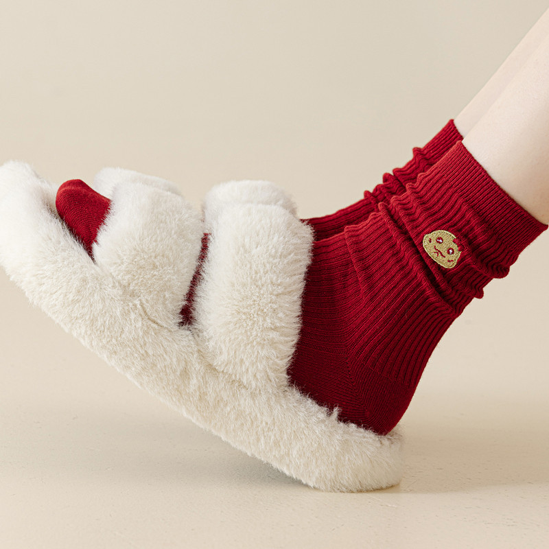 红袜本命年可爱马刺绣马年堆堆袜