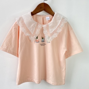 夏季新品女大童纯棉短袖体恤休闲娃娃领蕾丝半袖上衣130-160童装