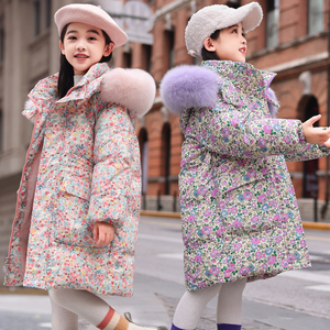 清仓童装中长款儿童羽绒服女童2024新款洋气碎花加厚保暖外套