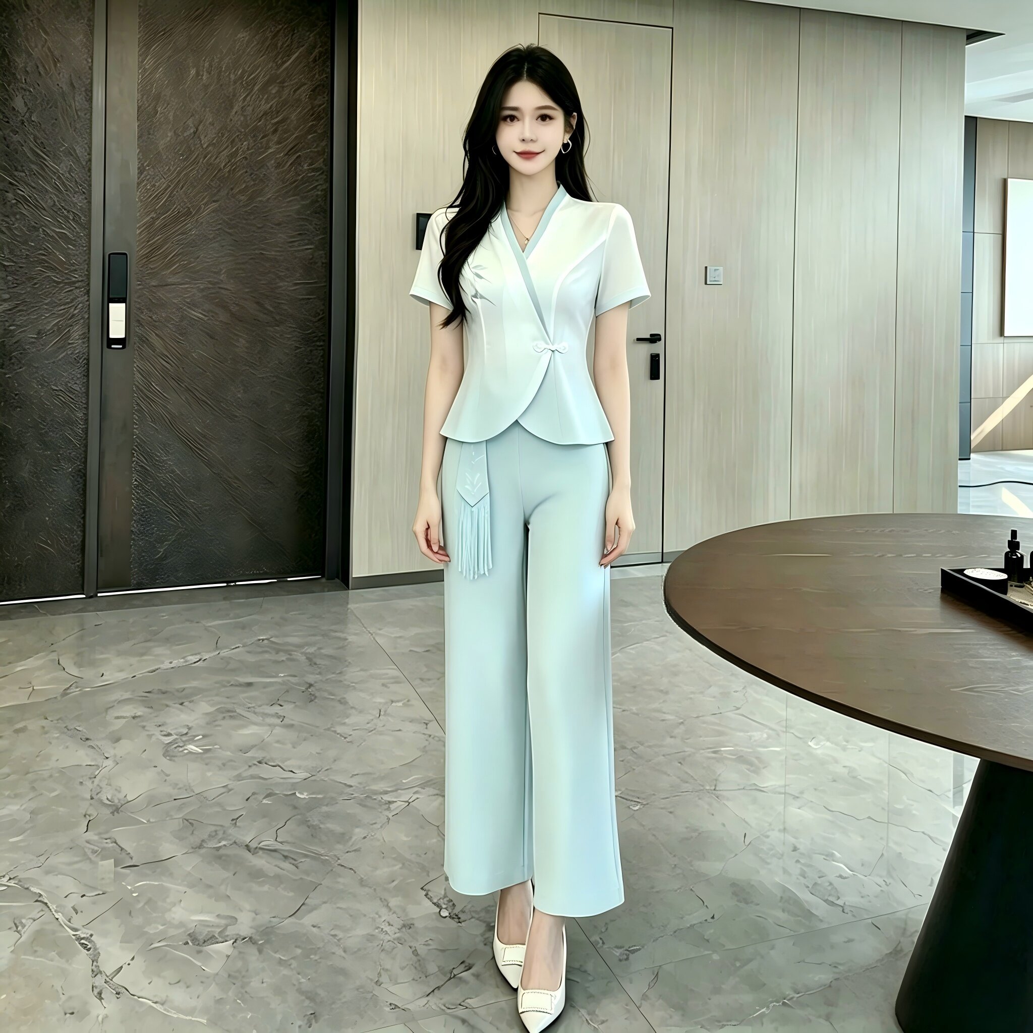 高端美容师V领短袖工作服套装