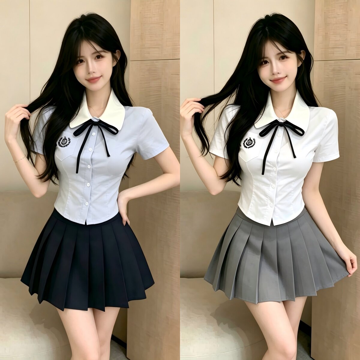 学院风蝴蝶结百褶裙技师工作服