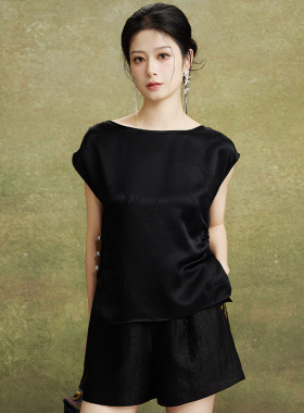 砺美·真丝提花新中式女装内搭衬衫T恤黑色暗纹竹子文春夏上衣