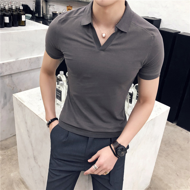 正品夏英伦修身纯色短袖POLO衫T恤翻领男士休闲棉大码上衣黑青年