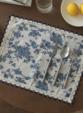 枝悟 法式蓝色碎花餐垫 复古布艺隔热垫桌面装饰茶几垫拍照道具布
