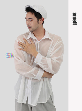 smelt炼原创免烫薄款白色透明薄纱麻料宽松开叉男士春夏防晒衬衣