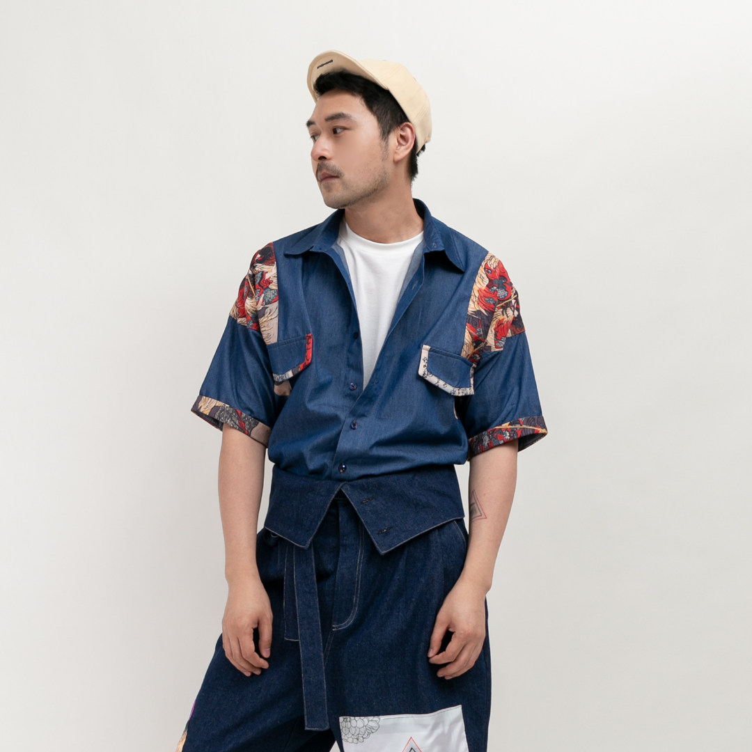 smelt炼 夏日短袖衬衫 浮世绘印花拼接 柔软牛仔布料 日系复古风