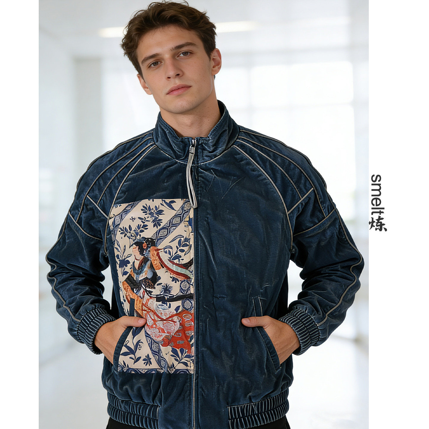 浮世曼波中式复古金丝绒立领男女通用宽松印花拉链外套棒球服国潮