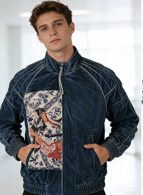 浮世曼波中式复古金丝绒立领男女通用宽松印花拉链外套棒球服国潮