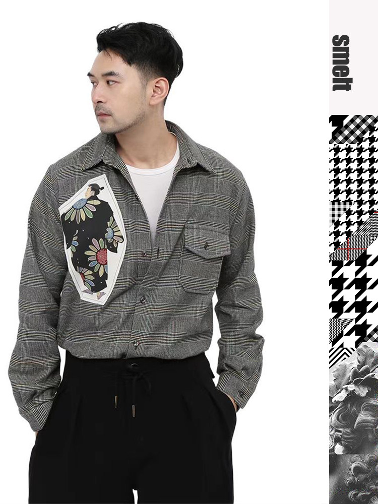 smelt炼自制日式和风千鸟格复古日系原创男士武士印花格子衬衣
