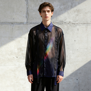 浮世曼波街头风彩虹飘带欧根缎长袖衬衫男渐变色透明拼接潮流上衣