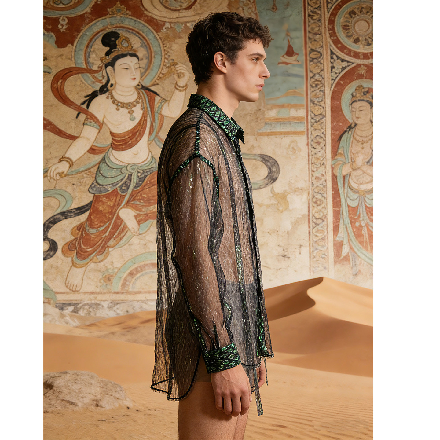 浮世曼波男士七彩镭射透视孔雀翎网纱衬衫长袖翻领宽松气质上衣