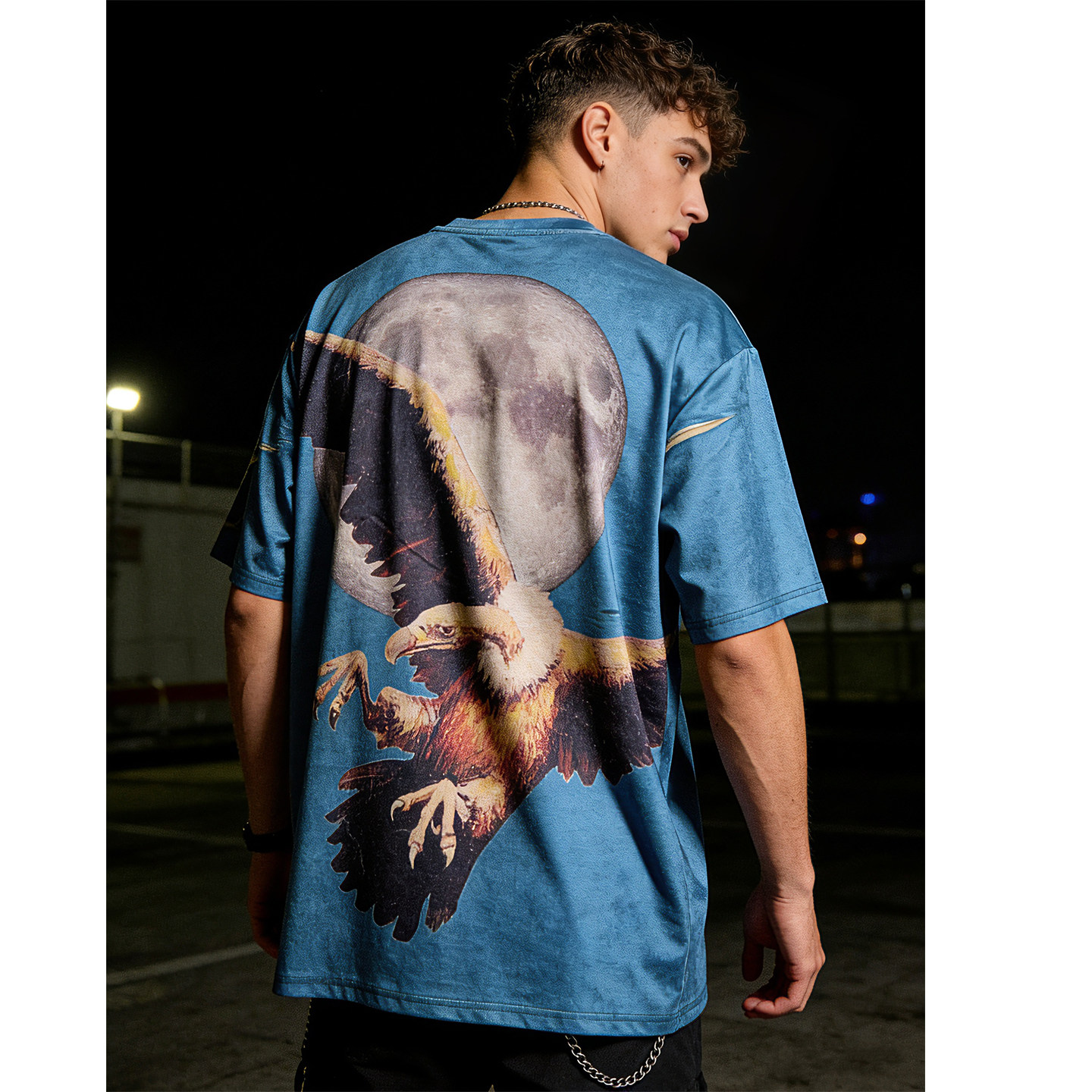 浮世曼波oversize美式街头撞色复古老鹰印花丝绒短袖T恤男摇滚