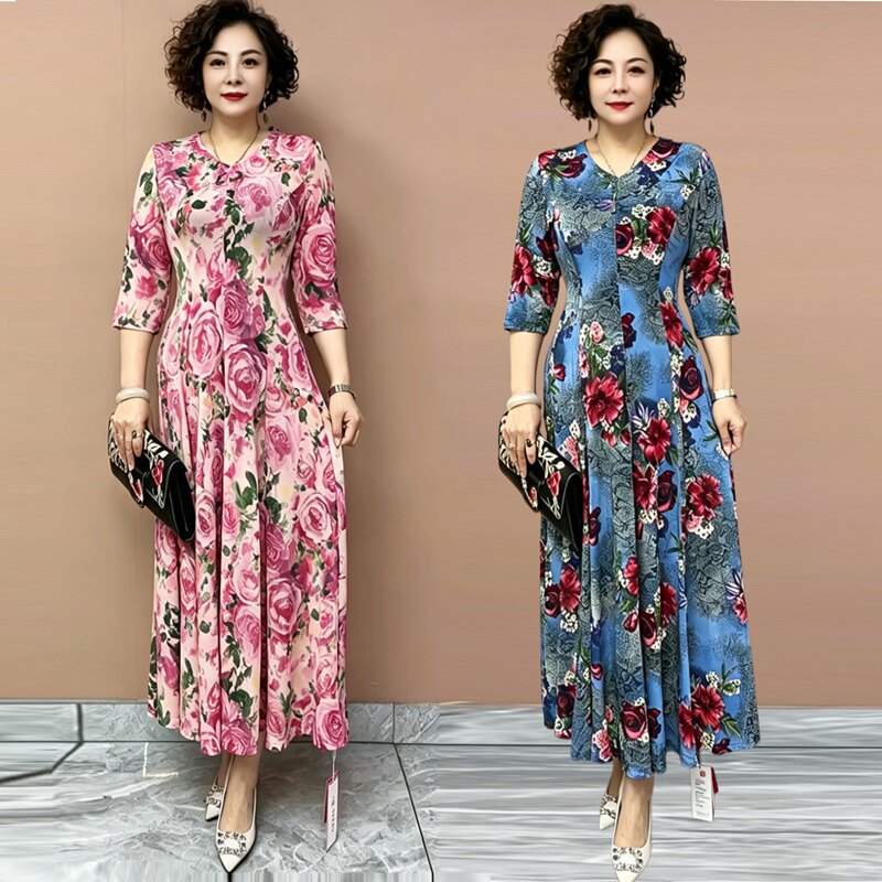 碎花冰丝V领高弹显瘦妈妈连衣裙