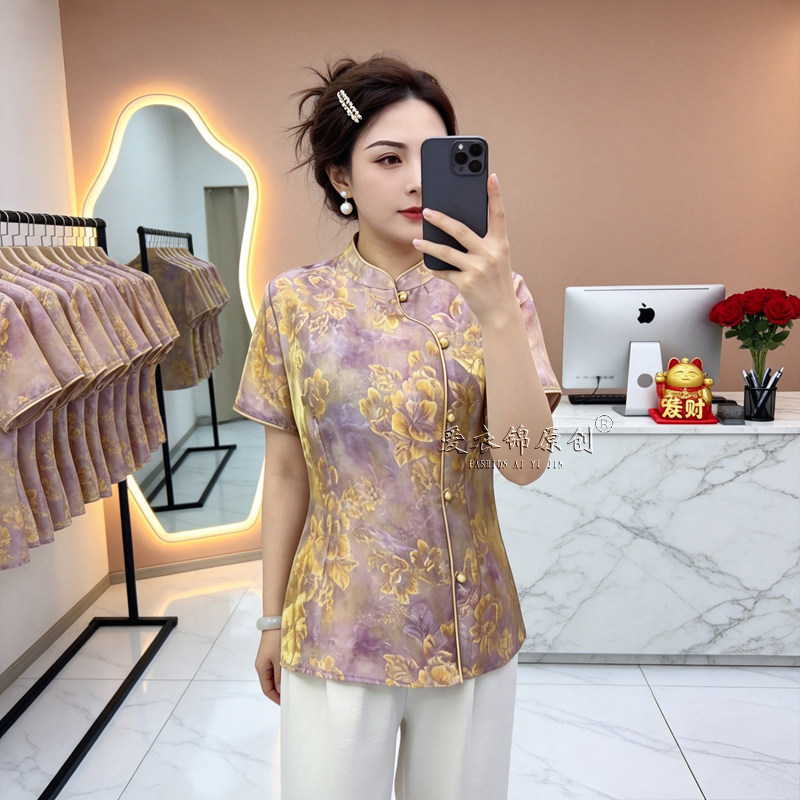中老年仿真丝短袖印花显瘦衬衫