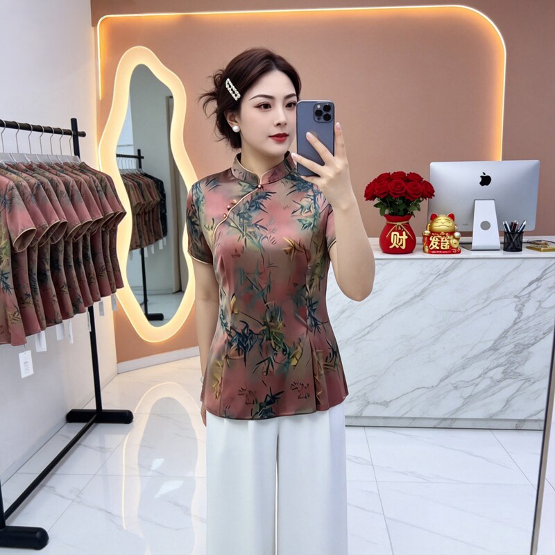 真丝立领显瘦七分袖中式上衣女
