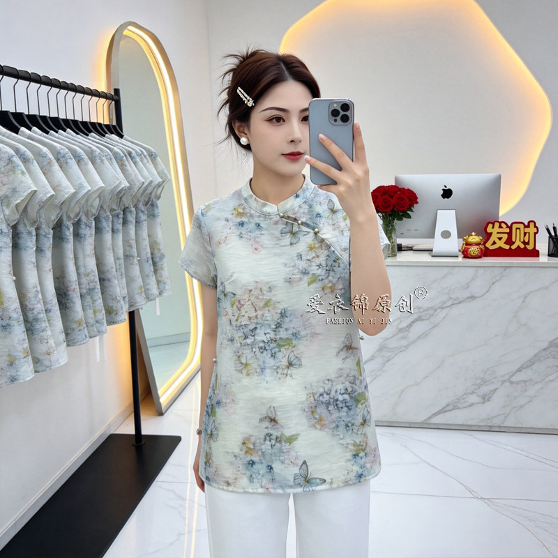 中老年妈妈装印花短袖衬衫显瘦