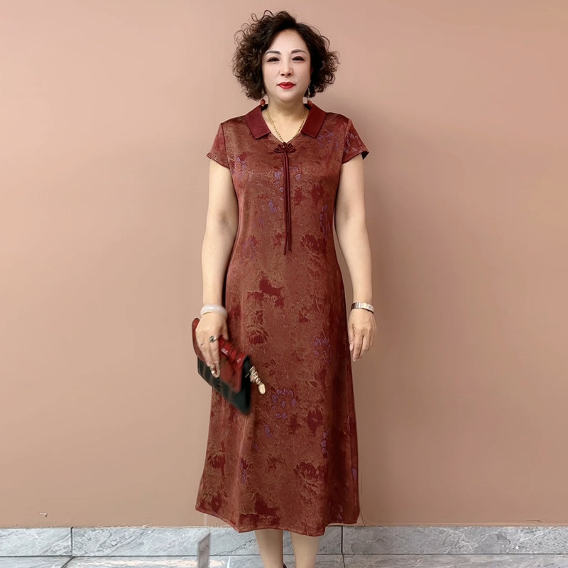 真丝印花宽松中长遮肚妈妈连衣裙