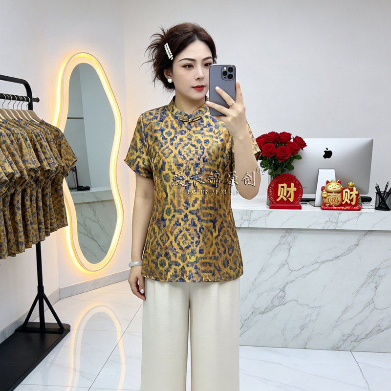 夏季新中式仿真丝印花妈妈装