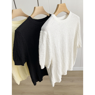 棉纱织就麻感肌理~高捻立体棉精梳棉 清爽镂空针织衫T恤短袖上衣