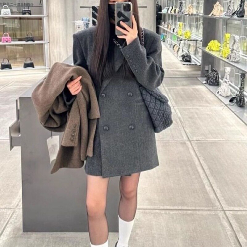 灰色西装呢子大衣女秋冬季新款毛呢外套设计感小个子韩系