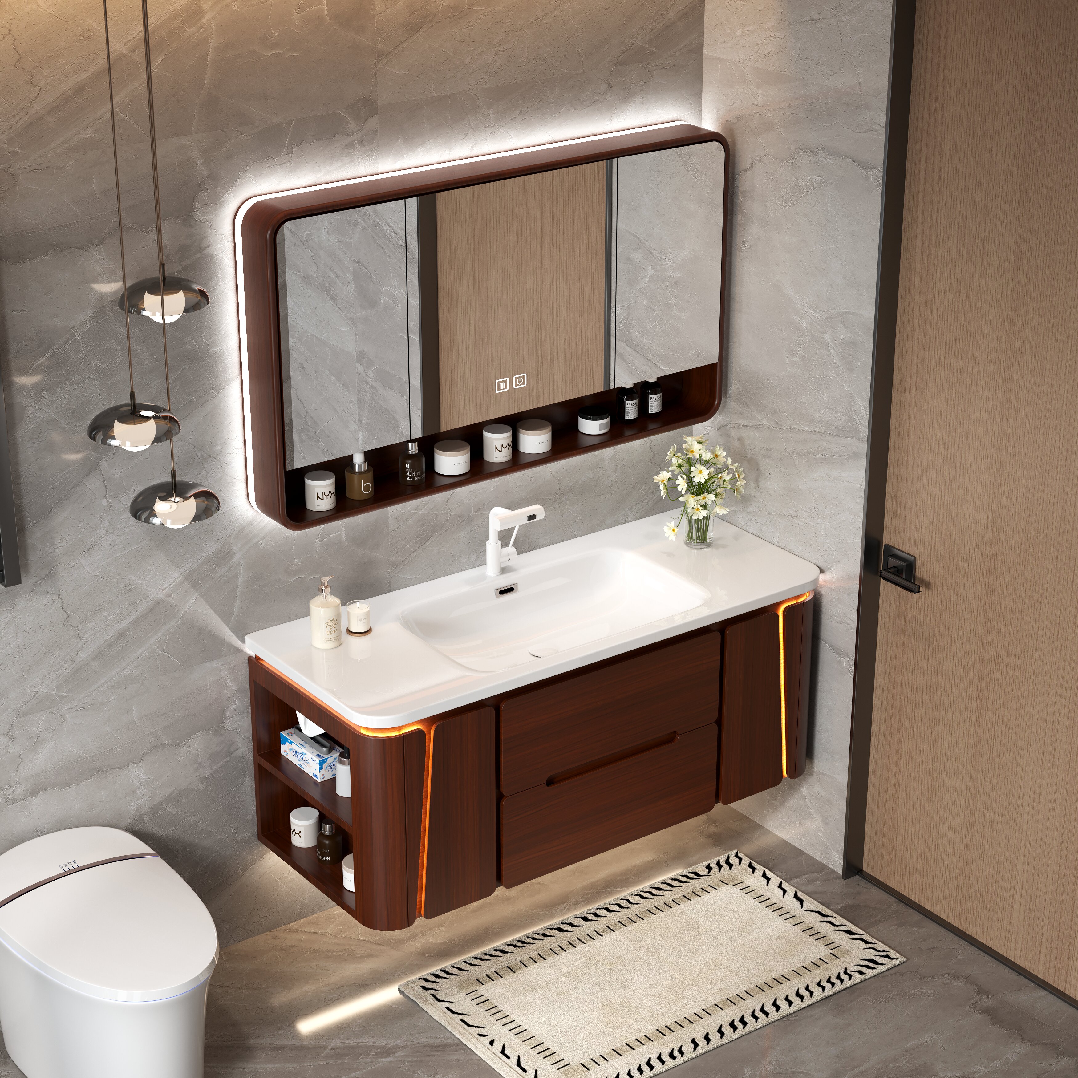 浴室柜通百家一体陶瓷盆奶油风