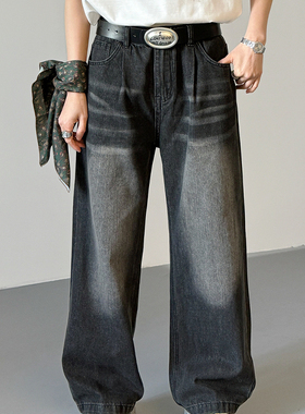 S/FACE春秋季韩版高街cleanfit时髦做旧牛仔裤男宽松直筒黑色长裤