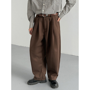 咖色西裤 男士 时髦垂感慵懒毛呢料复古宽松直筒休闲裤 潮 FACE韩版