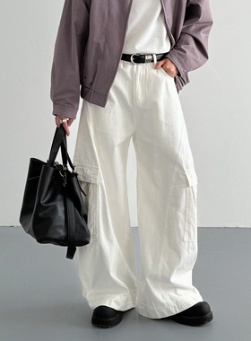 韩版时髦高级感复古大口袋宽松阔腿裤男士宽松白色休闲弯刀拖地裤