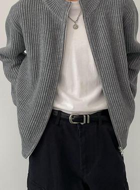 秋冬季韩版时髦慵懒风双拉链宽松毛衣开衫男士灰色复古纯色外套潮
