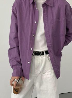 春秋韩版时髦cleanfit紫色衬衫男士复古气质款宽松全棉纯色衬衣潮