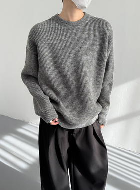 秋冬韩版时髦复古cleanfit花灰色宽松毛衣男士圆领织衫套头打底衫