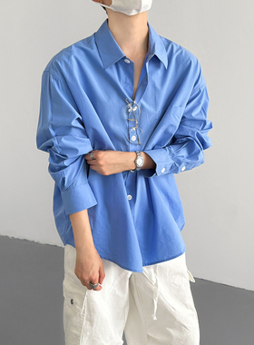 春秋韩版时髦慵懒风小众气质款廓形蓝色长袖衬衫男士宽松衬衣外套