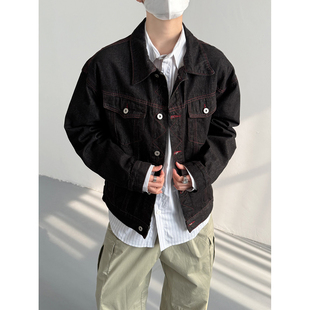 春韩版时髦复古cleanfit高级感黑色原牛夹克男士宽松短款牛仔外套