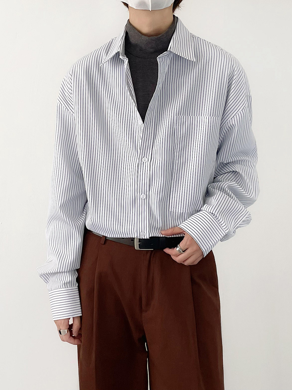 韩版复古时髦潮牌条纹长袖衬衫图片