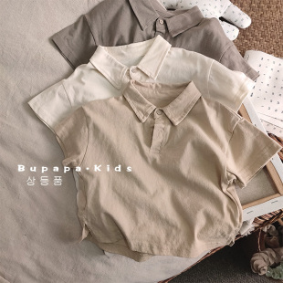 上衣宝宝宽松薄款 透气棉麻 翻领短袖 儿童夏季 开衩T恤 半开胸polo衫