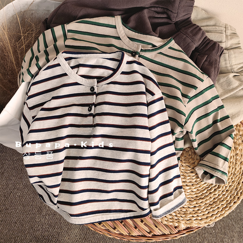 百搭款~儿童半开胸条纹T恤春秋潮宝宝圆领长袖打底衫洋气宽松纯棉