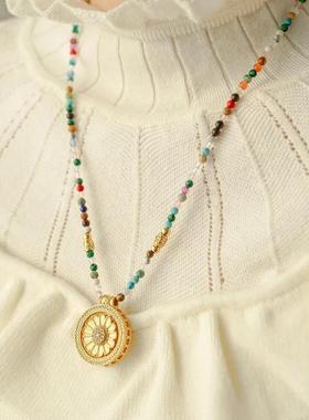 JO新款彩色天然石波西米亚风项链黄铜镀金圆牌吊坠气质锁骨链
