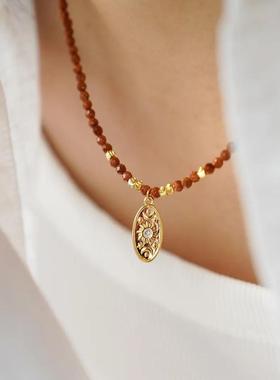 复古串珠锁骨链小众百搭轻奢极细设计金沙石珍珠吊坠串珠链毛衣链