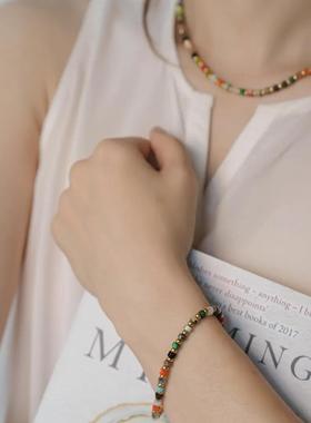 多巴胺天然石彩色金珠串珠感轻奢生日礼物饰品情侣红绳手链纯银