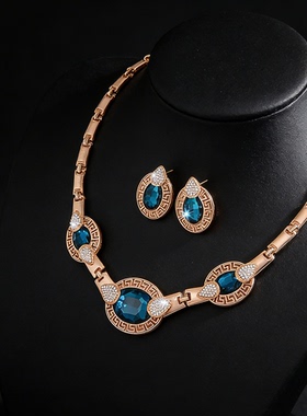蓝色水晶项链耳环套装短款锁骨链