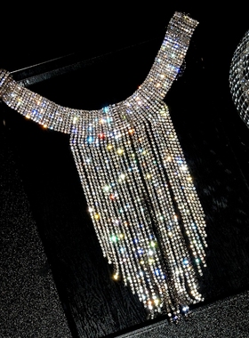 装饰项链网红脖链颈链奢华百搭宴会舞台镶钻闪亮长款流苏毛衣链