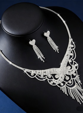 满钻项链耳钉套装夸张新娘锁骨链