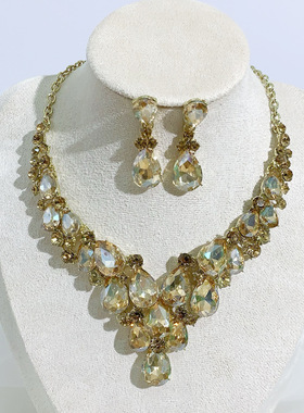 水晶装饰项链耳环短款锁骨链套装