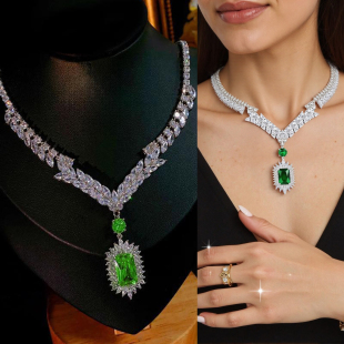 超闪锆石绿宝石项链耳环首饰套装简约方形吊坠锁骨链jewelry sets