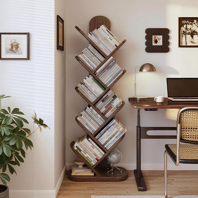 实木树形书架落地置物架客厅一体靠墙角落转角小书架窄款学生书柜