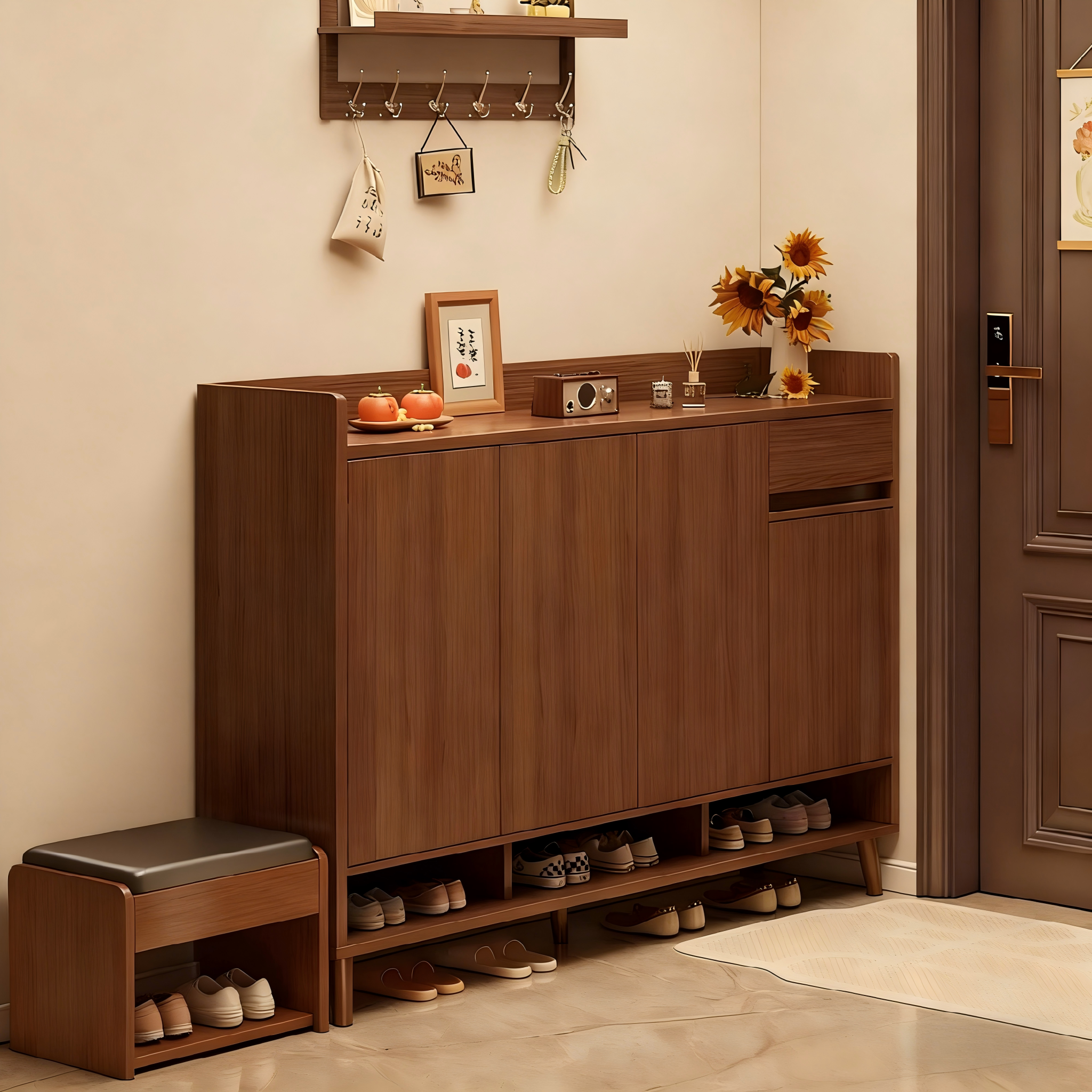 鞋柜收纳柜一体靠墙小户型家用门口中古风实木玄关鞋架入户储物柜