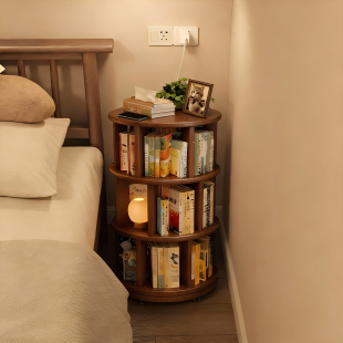 全实木旋转书架360度书柜一体靠墙可移动收纳客厅转角落地置物架