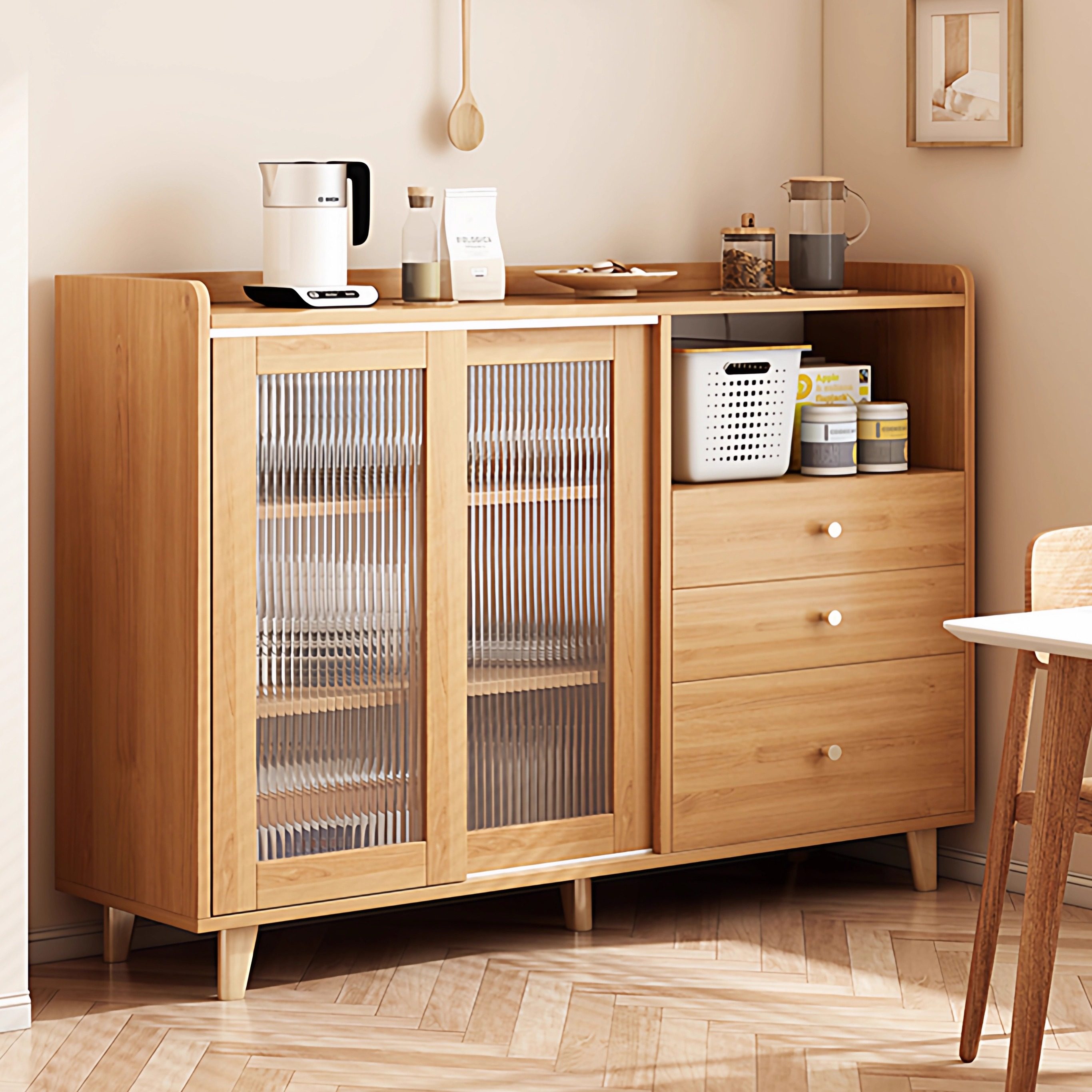 餐边柜靠墙一体储物柜客厅家用原木风茶水柜落地带抽屉收纳置物架