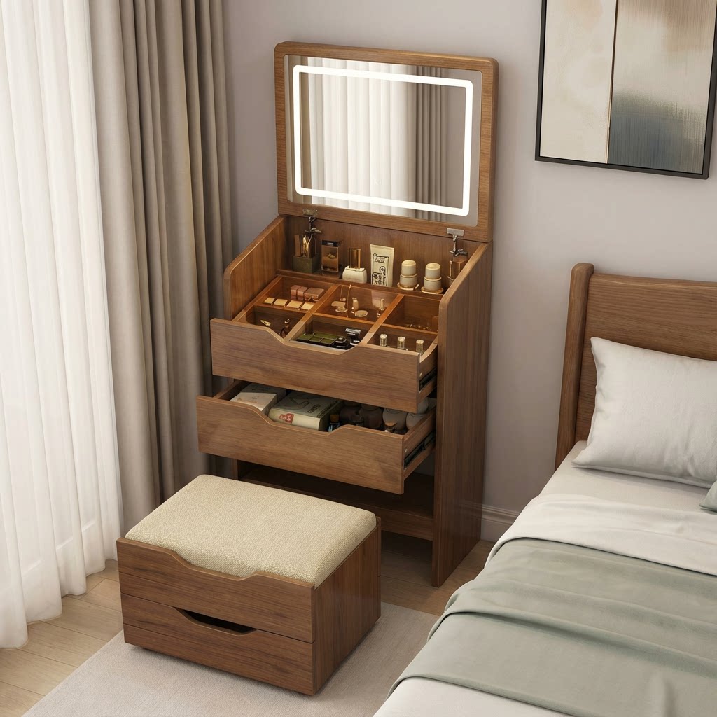 梳妆台小户型卧室家用简约翻盖收纳柜斗柜一体书桌中古风化妆桌子