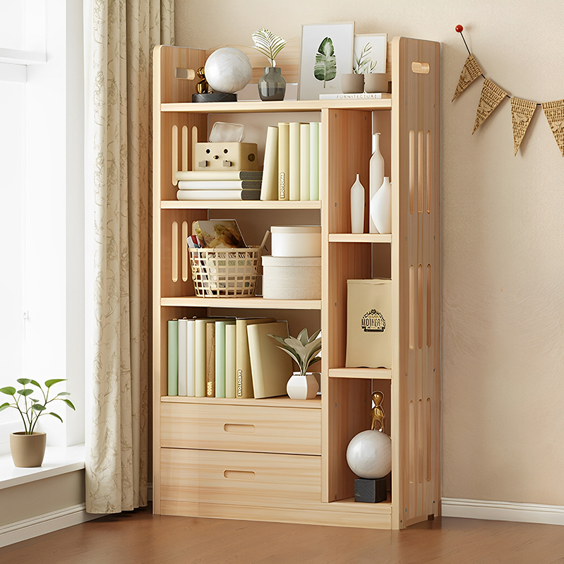 实木落地书架带抽收纳展示柜